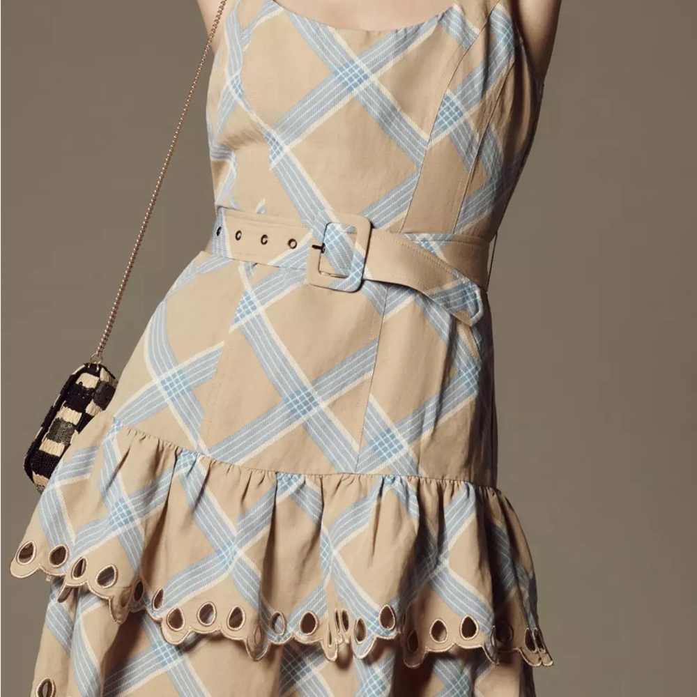 En Saison Tan and Light Blue Plaid Tiered Eyelet Hem Dress - Picture 3 of 10